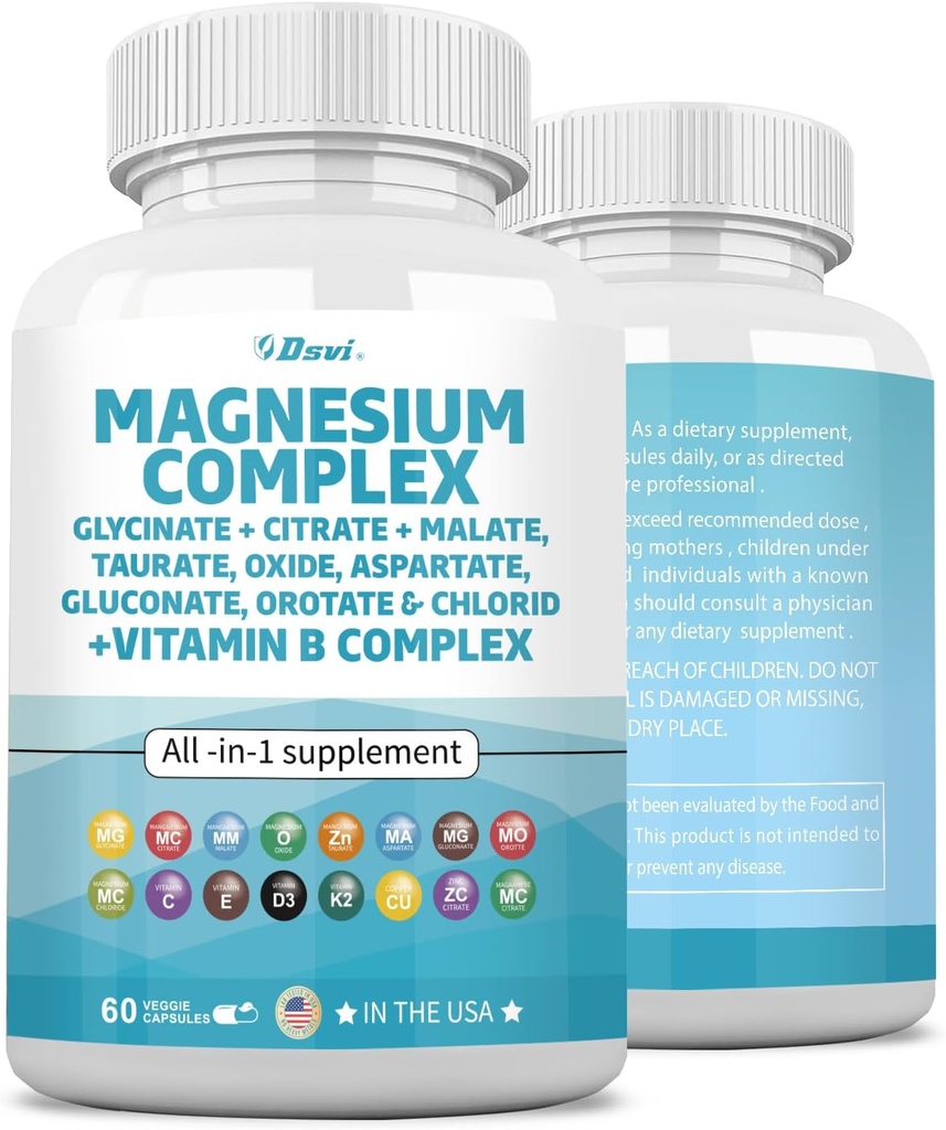 60 Count Magnesium Complex 2285mg med magnesiumglycinatcitratmalatoksid Taurate Aspartat Gluconate Orotat & Mag Klorid, sink kobber Manganes og vitamin C B1 B6 B12 Complex USA