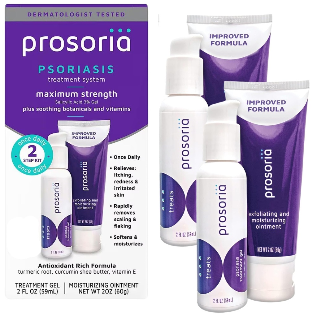 Prosoria behandling System dobbel Kit – 2oz | Kraftig Psoriasis Relief med salicylsyre, Turmeric, Shea Smør & vitaminer | Gel & Ointment for skalering, Flaking, tørrhet, kløe og rødhet Relief