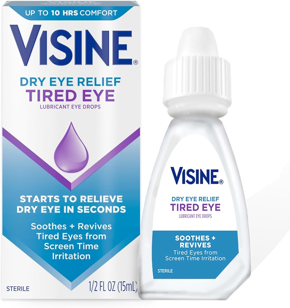 Visine tørr øye lindring trøtt øye lubricant øyedråper, moisturizing & beroligende sterile dråper for irritert, tørr og trøtt øyne på grunn av skjermtid irritasjon, polyetylenglykol, 0,5 fl oz