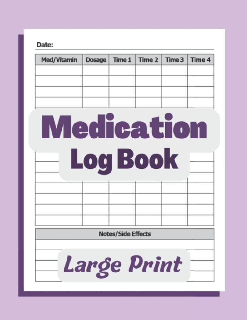 Medisineringsloggbok: Enkel loggbok for å registrere medisiner, vitaminer og/eller kosttilskudd daglig. Logg flere doser og bivirkninger. 8.5x11 Pille Tracker ... og alle aldre eller sykepleiere / Caregivers. Lilla.