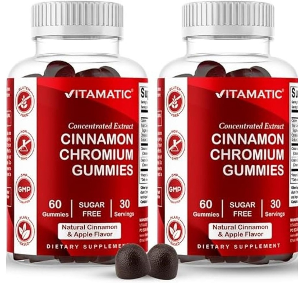 Vitamatisk sukkerfri krom gummier med ceylon kanel – 2000 mg ekvivalent per servering (fra ekstrakt 83 mg) – Ikke-GMO, glutenfri – 60 vegan gummi – 2 pakke