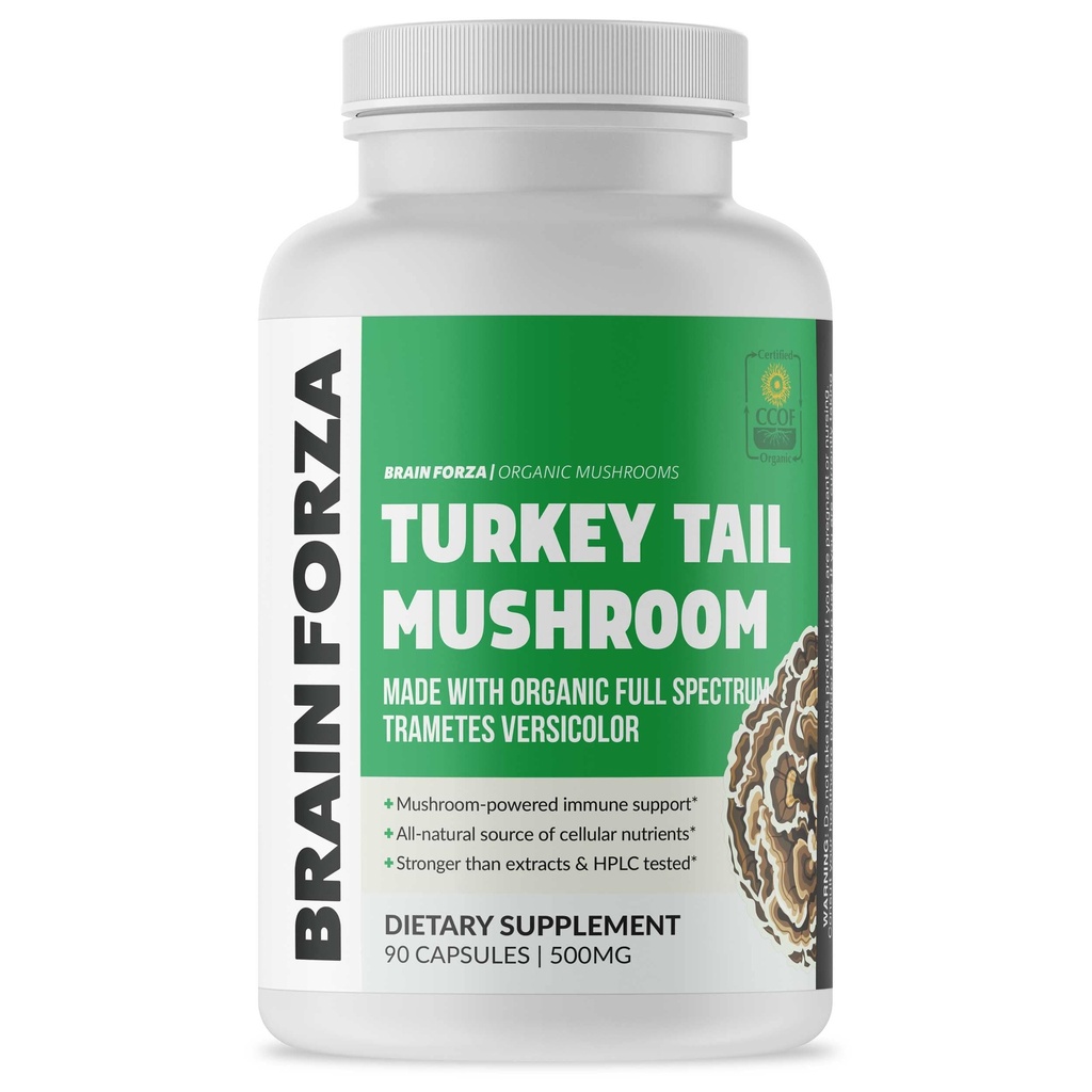 Hjerne Forza Organic Turkey Tail Mushroom Kapsler, Mushroom pulverisert immunstøtte, Liver og Digest Helsestøtte, Organisk Forsvarsstøtte, Ikke-GMO, Vegansk, Organisk, 90 Kapsler