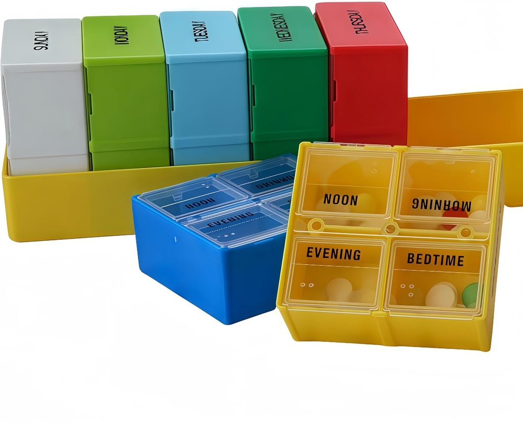Store ukentlige piller tilfelle, 7-dagers pille tilfelle sammenligninger, pilleorganisator 4 ganger daglig, 4-A-dag pille beholder, sikre sammenligninger, 7,8 x 2,3 x 2,3 i, gul