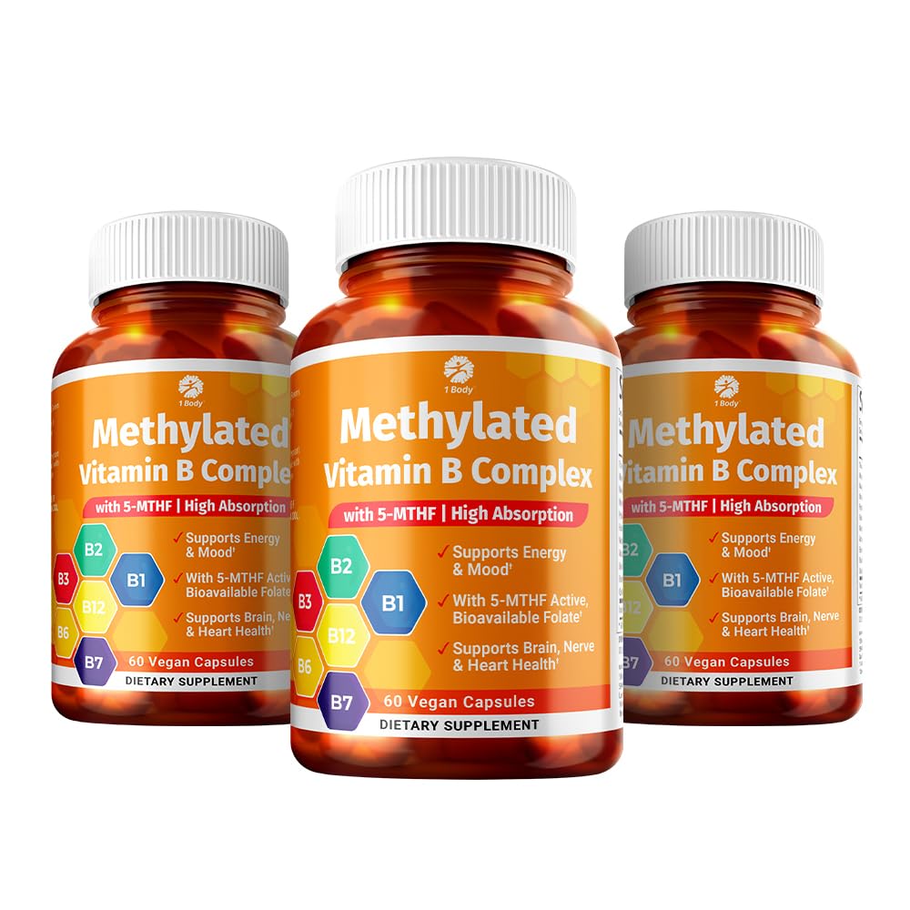1 Body Vitamin B Complex 3 Pack - Biotilgjengelige B-vitaminer med 5-MTHF Folat, B1, B2, B5, B6, Metyl B12, Niacin & Biotin – Ikke-GMO, Vegan, laget i USA
