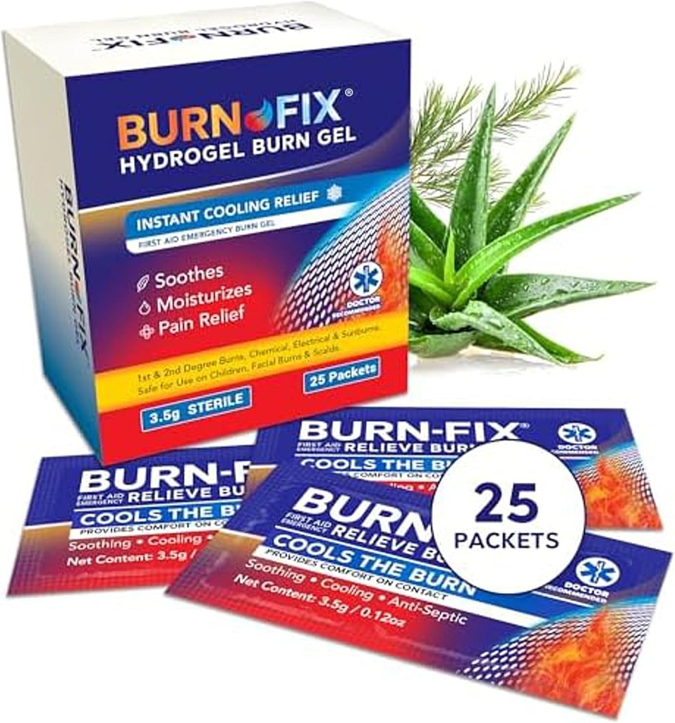 BurnFix® Hydrogel Burn Gel Packets – 3,5 g Soothing førstehjelp brennkrem for øyeblikkelig kjølebehandling på mindre brenner, solbrenner og skalds │ Ideell nødsett essensiell (pakke på 25)