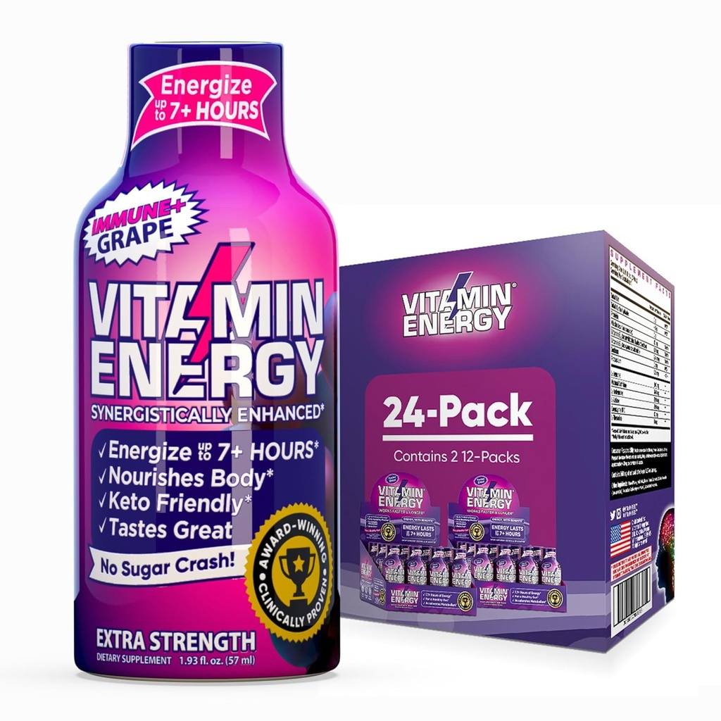 Vitamin energi immun + ekstra styrke energi Shot Grape 24 Pack, 260 mg naturlig koffein, B-vitaminer, Citikolin, Grønn te, immunitet og fokus støtte, null sukker, Glutenfri 1,93 floz