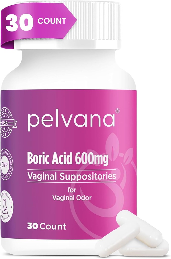 Pelvana Boric Acid Suppositories for kvinner 30 greve - for Vaginal Odor & Friskness, feminin hygiene og velvære - Tredjeparts Lab verifisert & flasket i USA - Feminin helse Odor løsning