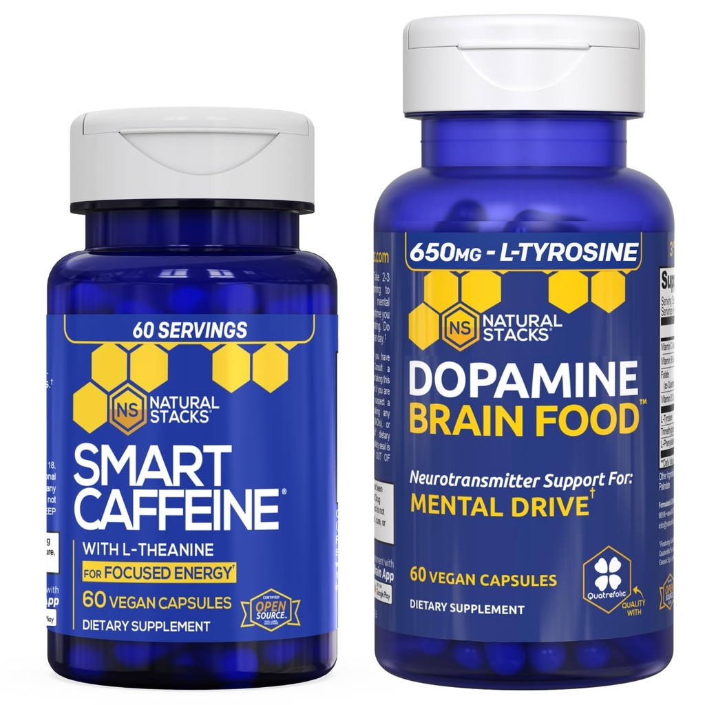 NATURAL STACKS Smart Koffein + Dopamine Brain Food Bundle - støtter energi, fokus og mental drift* - 120 Totale kapsler