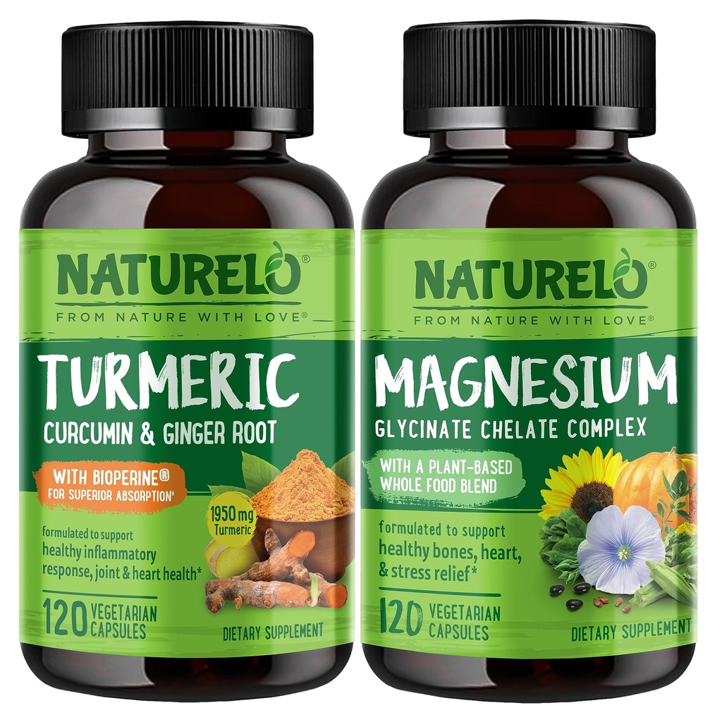 NATURELO Tumeric Curcumin, Plantebasert felles støtte, magnesiumglykinat, 200 mg magnesium - Glutenfri, ikke GMO - 120 kapsler