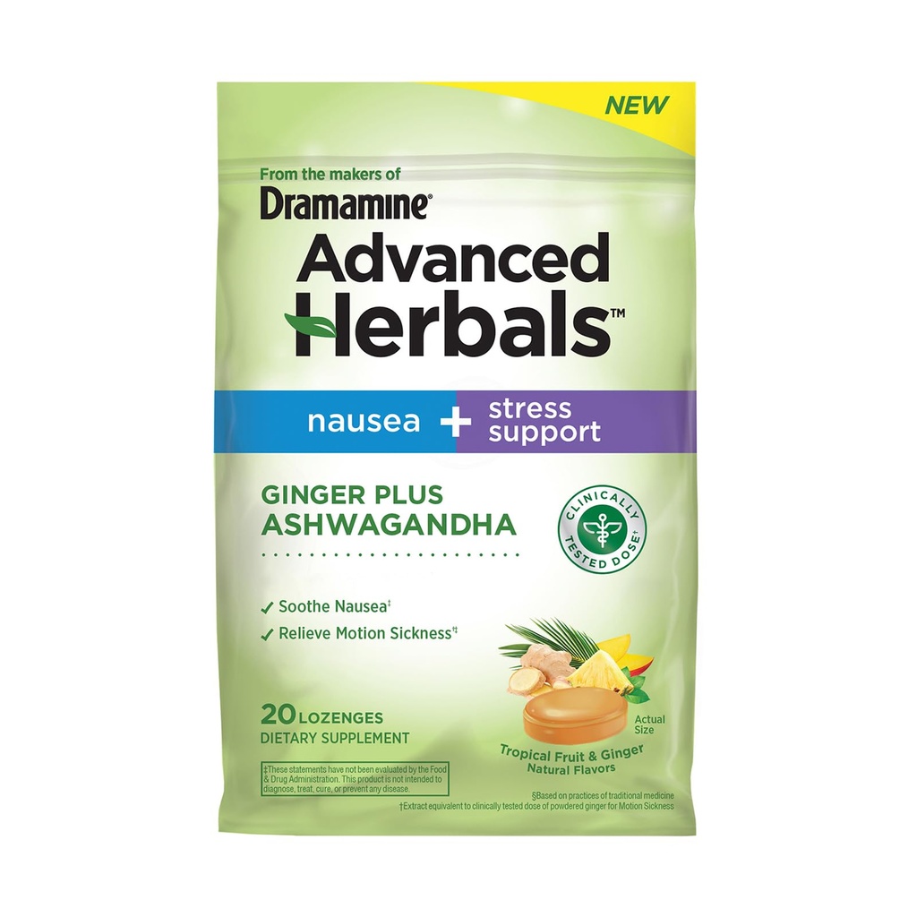 Fra skapere av dramamin, avanserte herbaler Ginger & Ashwagandha Lozenges, for trist relief & stress støtte, tropisk frukt og Ginger Flavor, 20 greve