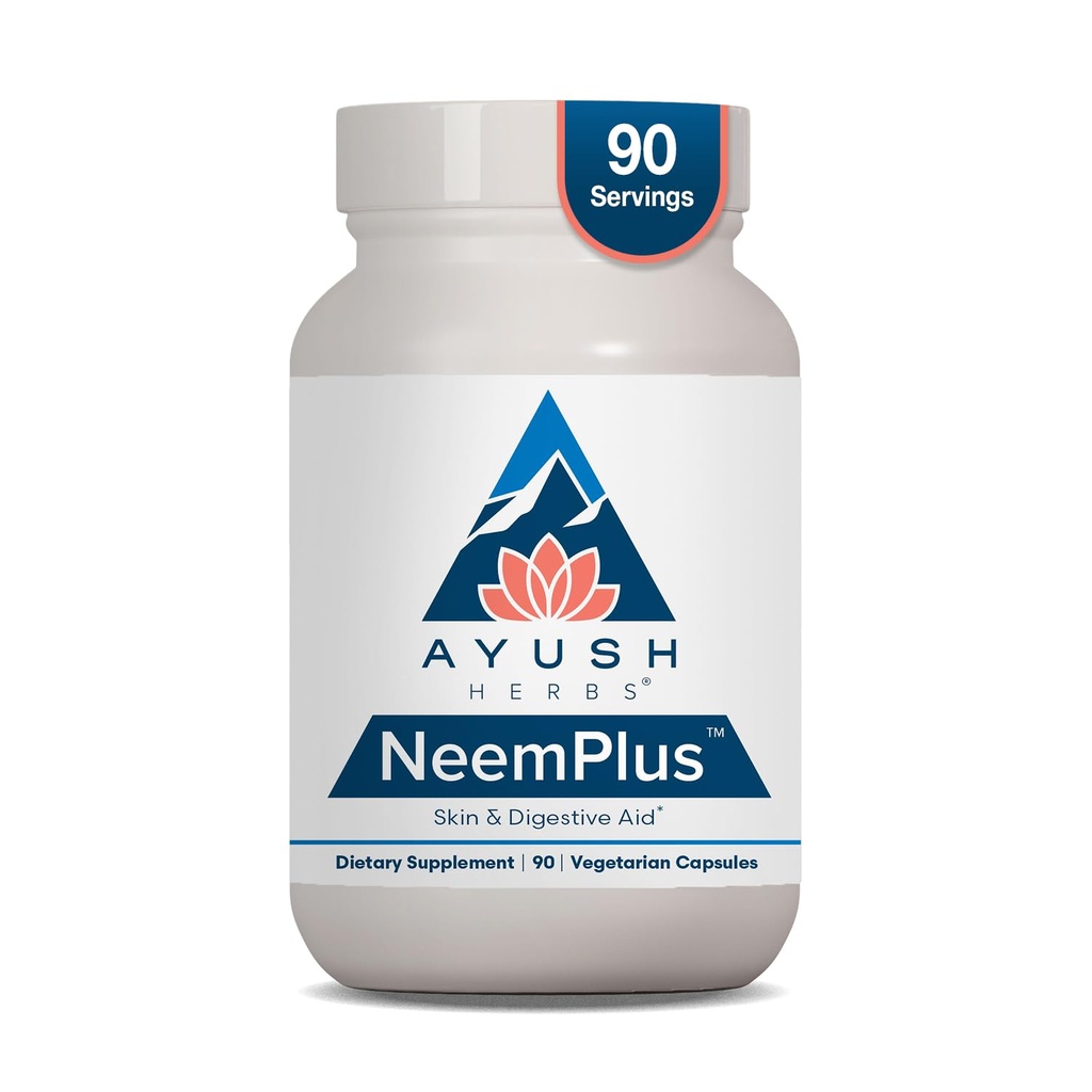 Ayush Herbs Neem Plus - Digestiv helse for kvinner og menn, Gut støtte supplement for mage og hud helse, immunstøtte - 90 vegetariske kapsler (1 greve)