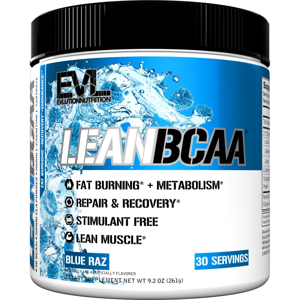 Evlution Stimulant Gratis Lean BCAA pulver ernæring BCAA Aminosyrer pulver med CLA karnitin og 2:1:1 Branched kjede Aminosyrer støtter muskel gjenoppretting fettforbrenning og metabolisme - blå Raz