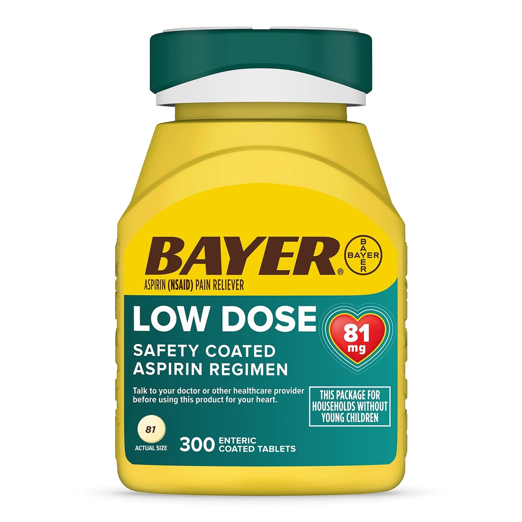Bayer Aspirin lavdose 81 mg, Enteriske belagte tabletter, lege anbefalt, sekundær forebygging av kardiovaskulær sykdom, 300 sikkerhetsbelagte tabletter