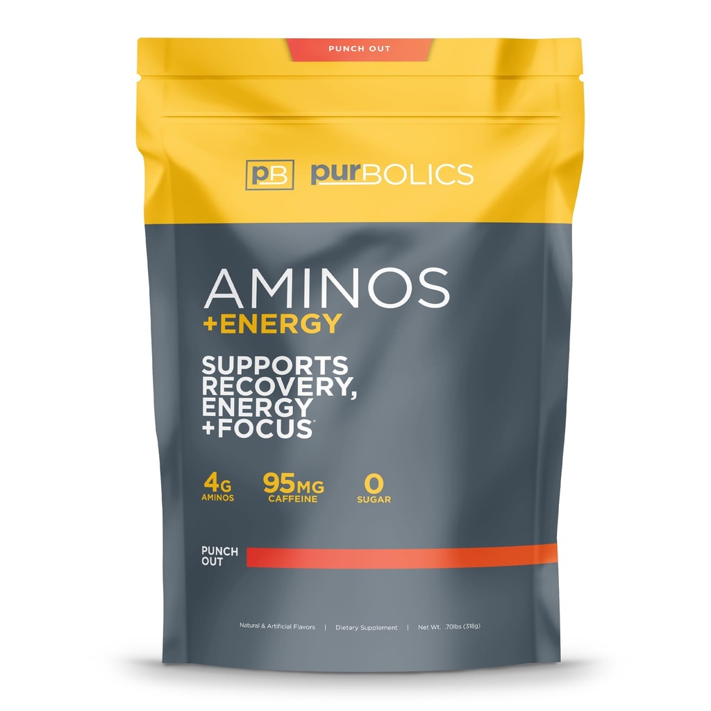 Purbolics Aminos + Energi | Støtter gjenoppretting, energi og fokus | 95 mg koffein, 0 sukker og 60 serveringer (Punch Out)