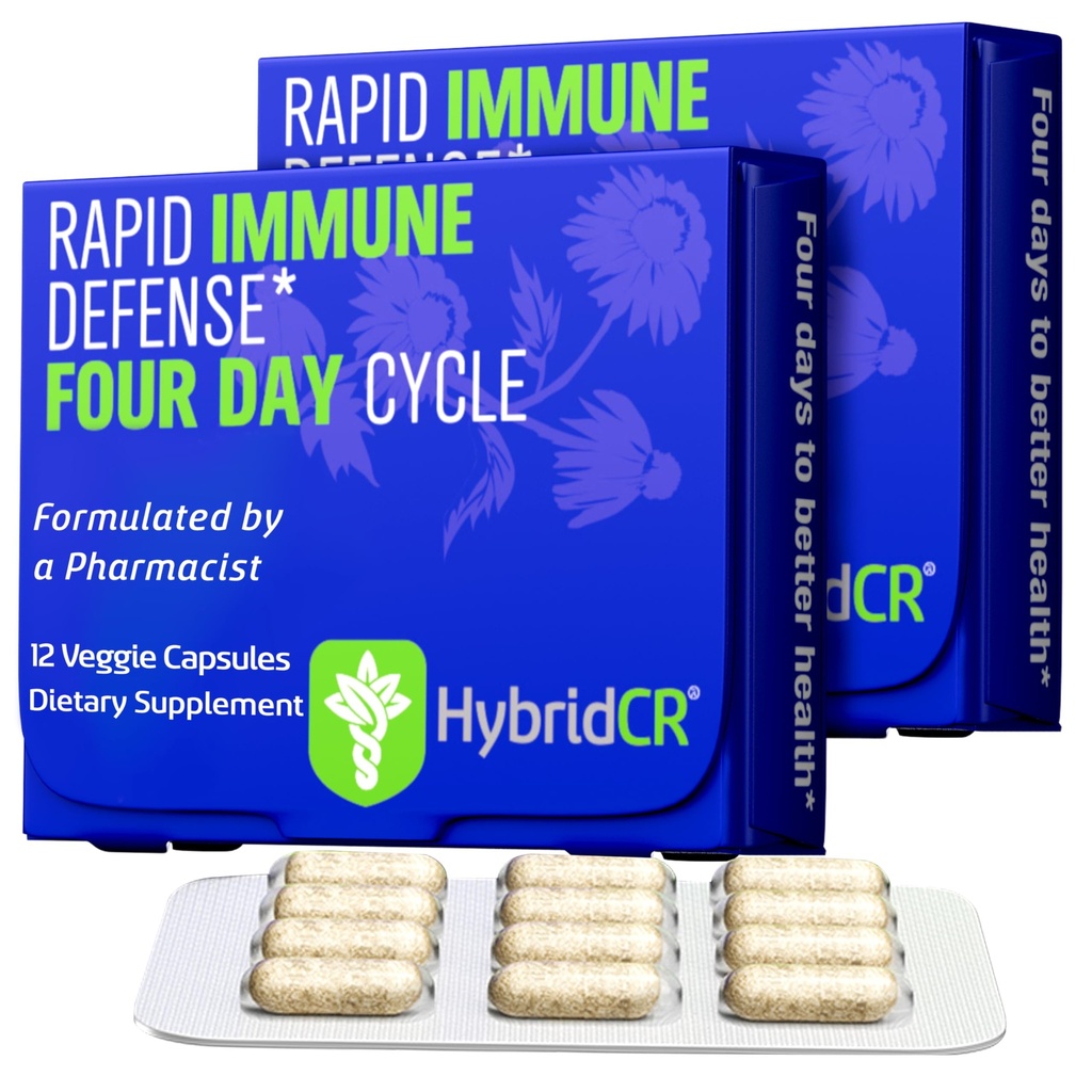 HybridCR Rapid Immun Support Supplement – 4 dagers immunforsvarssupplement - immunforsvarsforsterker med Echinacea, Ginseng, Andrografi, Sink, Selenium – Reisestørrelsessystemstøtte – 24 Caps, 2 Dose Packs