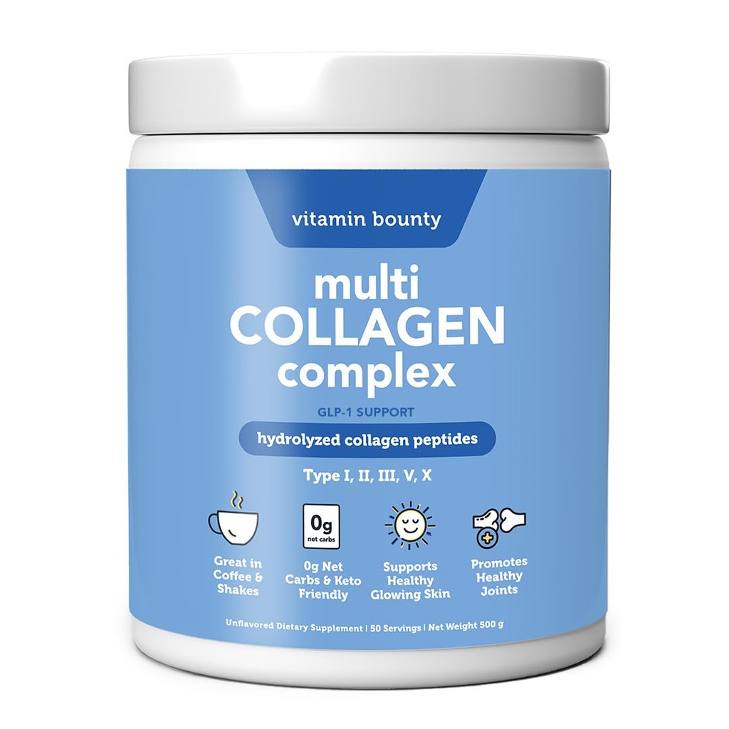 Vitamin Bounty Multi Collagen Complex - Hydrolysert Collagen Peptides Typer I, II, III, V & X - Støtter hud elastisitet, felles helse, hår og neglevekst - 50 Serveringer