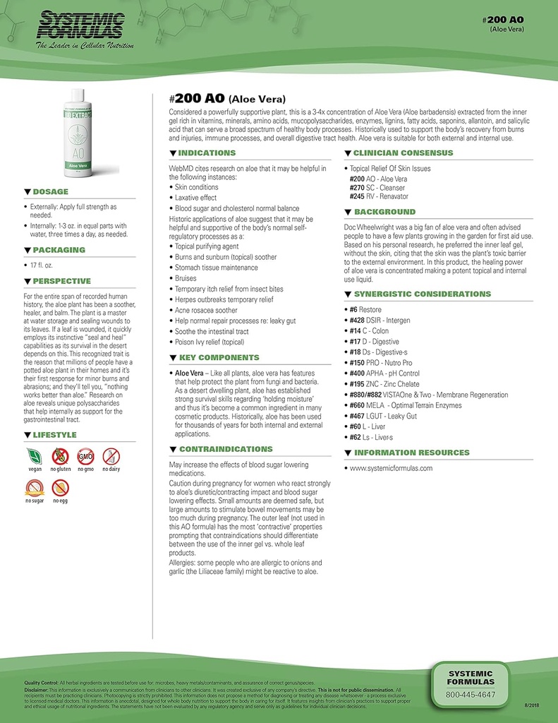 Systemiske Formler Aloe Vera #200-16 oz Premium Grade for Digestive helse og velvære - ren Aloe Vera Extract