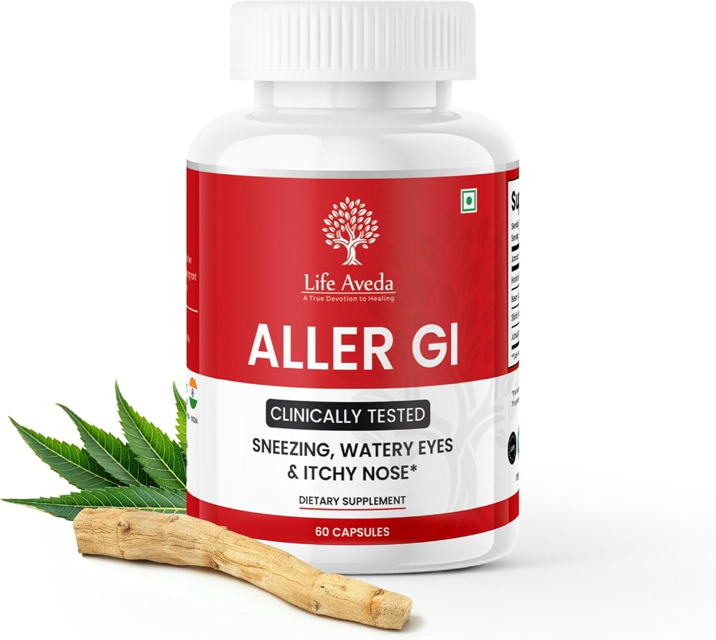 Life Aveda Aller Gi - Komplet Allergy Relief Medisin (500mg) for Runny Nese, Sneezing, kløende, vanntett øye | Alt-i-ett Ayurvedic Medisin for sesongmessig Allergy | 60 Kapsler (2 måneders forsyning)