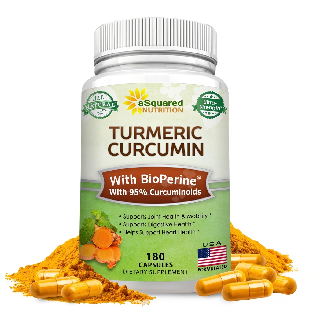 aSquared Ernæring Turmeric Curcumin 1300mg med BioPerine Black Pepper ekstrakt - 180 kapsler - med 95% Curcuminoids, 100% naturlig tumeric rot pulver kosttilskudd, ren og felles stivhet piller