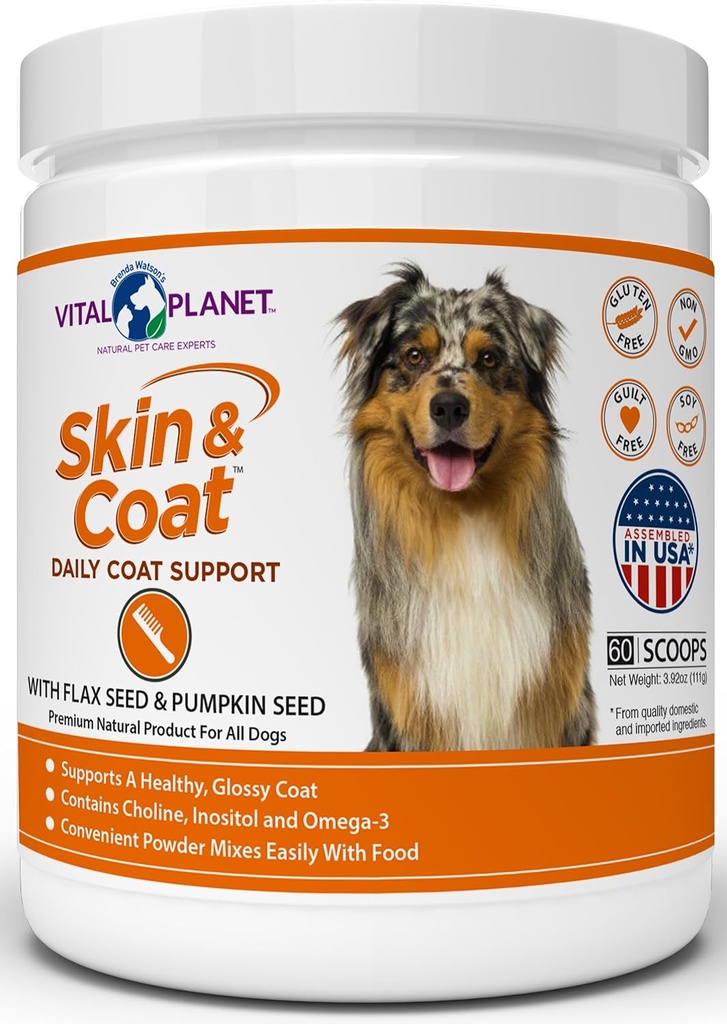 Vital Planet - Hud og Coat pulver Supplement for hunder med Choline, Inositol, Pumpkin, Flax og Omega-3 oljer for å støtte en myk skinnende sunne Coat og for sesongbaserte allergier - 60 Scoops, 111g, 3.92oz