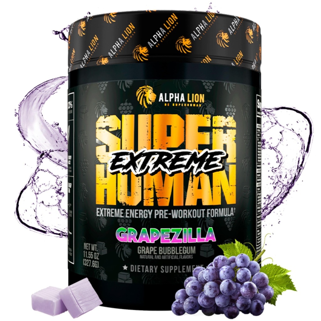 ALPHA LION Superhuman Extreme høy stimul pre trening pulver, Beta Alanine, L-Taurin & 356mg tri-kilde koffein for responderbar energi, nitric oksid og citrullin for pumpe (21 serveringer, Grape Flavor)