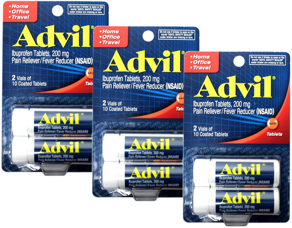 Advil Ibuprofen tabletter 200 mg, 2 vialer, 10 belagte tabletter hver, 20 total (pakke med 3)