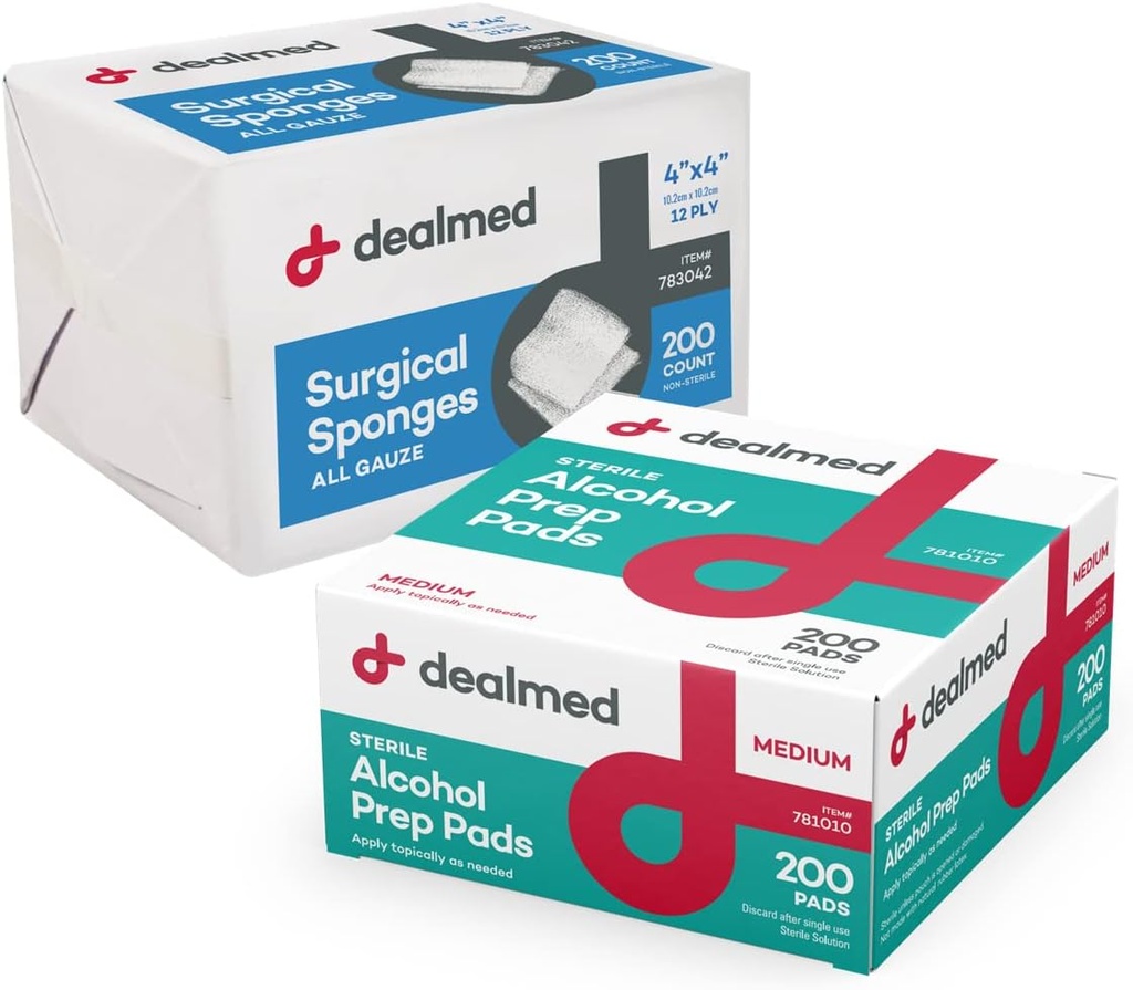 Dealmed alkohol prep pads og gauze sponge bundle | 200 greve middels størrelse alkohol pads pluss 4" x 4" kirurgisk sponge gauze pads 200 greve