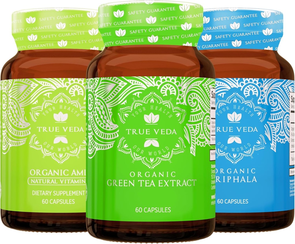True Veda Digestion og Detox Bundle USDA Organic | Multi-Award-winning | Grønn Te | Amla med vitamin C | Tripala Kapsler