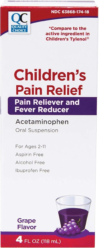 Kvalitetsvalg Barns smertelindring og feber Redusere for barn, 4fl oz Acetaminophen 160 mg per 5ml, Ibuprofen og aspirin gratis, flytende kulde og influensa medisin for barn, regelmessig styrke OTC medisinering