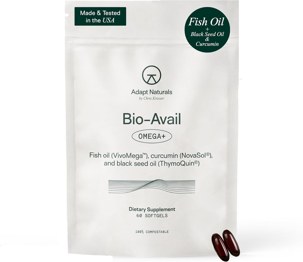 Adapt Naturals Omega 3 Fish Oil Supplement med Biotilgjengelig Curcumin & Svart Seed, 1500mg Fish Oil EPA DHA Omega 3 Fatty Acids til støtte ledder, Muskler & hjerte | Unflavored - 30 dagers forsyning