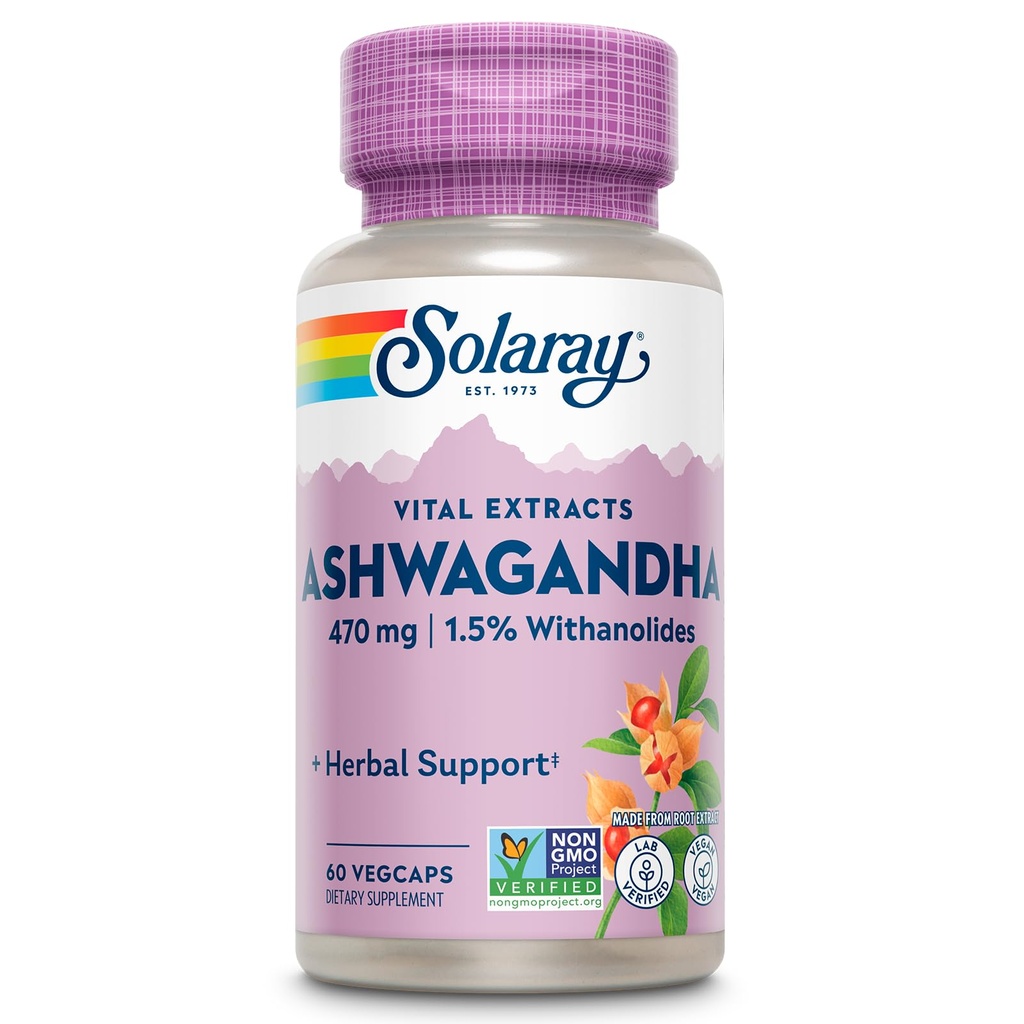 SOLARAY Vital ekstrakter Ashwagandha 470mg - Kraftig Adaptogen - Ashwagandha Supplements w/ 7mg Withanolides, wellness støtte, vegansk, ikke-GMO, Lab verifisert, 60-dagers garanti, 60-dagers