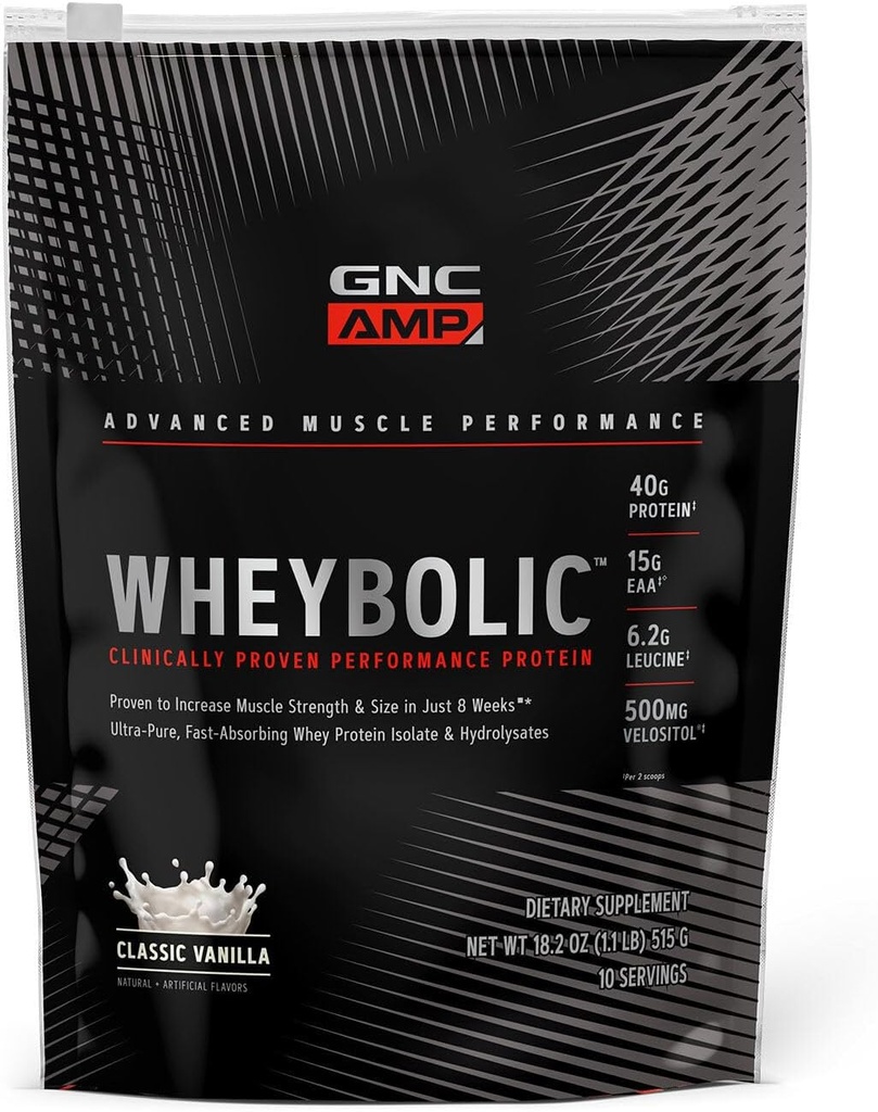 GNC AMP Wheybolic klinisk bevist protein pulver, 40g Whey Protein, BCAA, Leucine, øker muskelstyrke, muskelbygging, 3. part testet, glutenfri, klassisk Vanilla, 10 serveringer