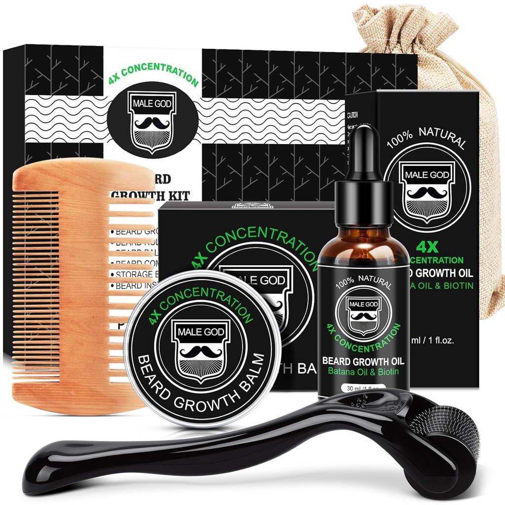 MALE GUD Beard Growth Kit, Beard Kit W/Beard Growth Oil, Beard Balm, Beard Comb, Massasjer for Spot/Patchy Beard, Julegaver for menn Han kjæreste ektemann