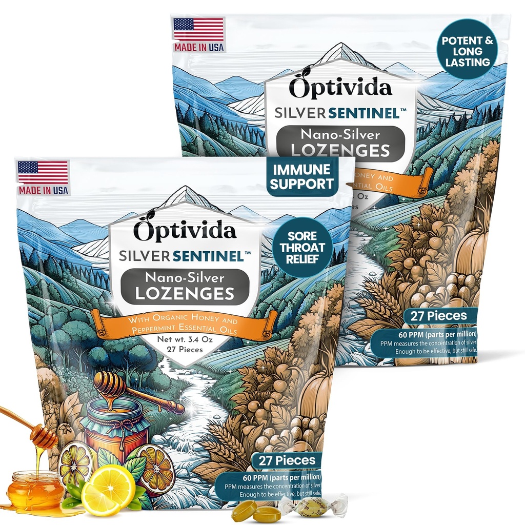 Optivida Helsekolloidalt Sølv Lozenger med honning og sitronolje (2 pakke) - Soothing Sore Throat Lozenges for voksne med Cough Relief & Fast-Acting Nano Silver Formula for immunstøtte, 60 pm