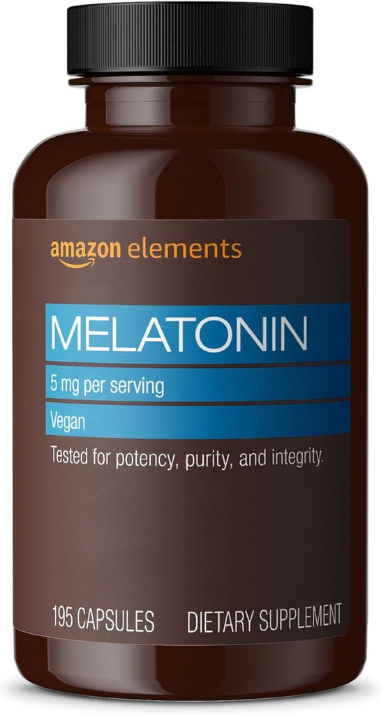 Elementer - Melatonin 5mg Kapsler, Hjelper med noen ganger søvnløshet, Vegan, Unflavored, 195 Count (pakke på 1), 6 måneders forsyning (pakke kan variere)