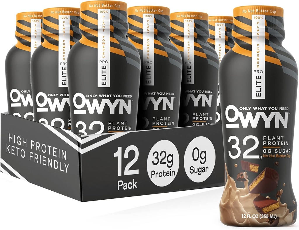 OWYN Bare hva du trenger Pro Elite Vegan høyprotein keto Shake, 32g protein, 12 Fl Oz (pakke på 12) og Pro Elite Vegan Plant-basert høyprotein keto Shake, Ingen Nut Butter Cup, 32g Protein (Packing May Vary)