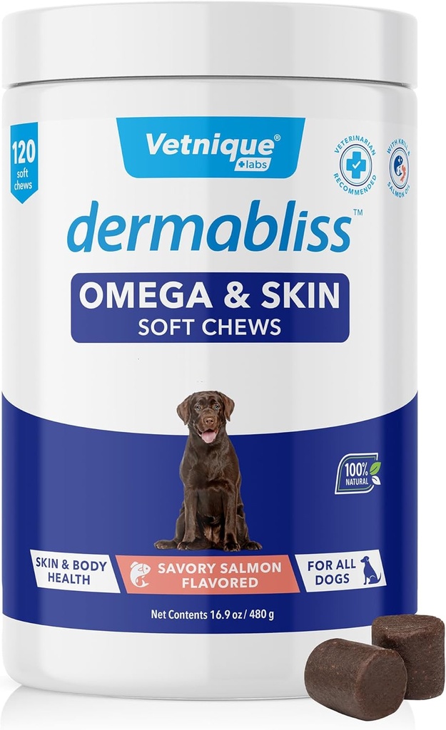 Vetnique Dermabliss Omega & Hud Helse Fisk Olje for hunder Myke Chews sunn hud & Coat for hunder med Biotin & DHA - Hickory Salmon Dog Treats (120 greve Chews)