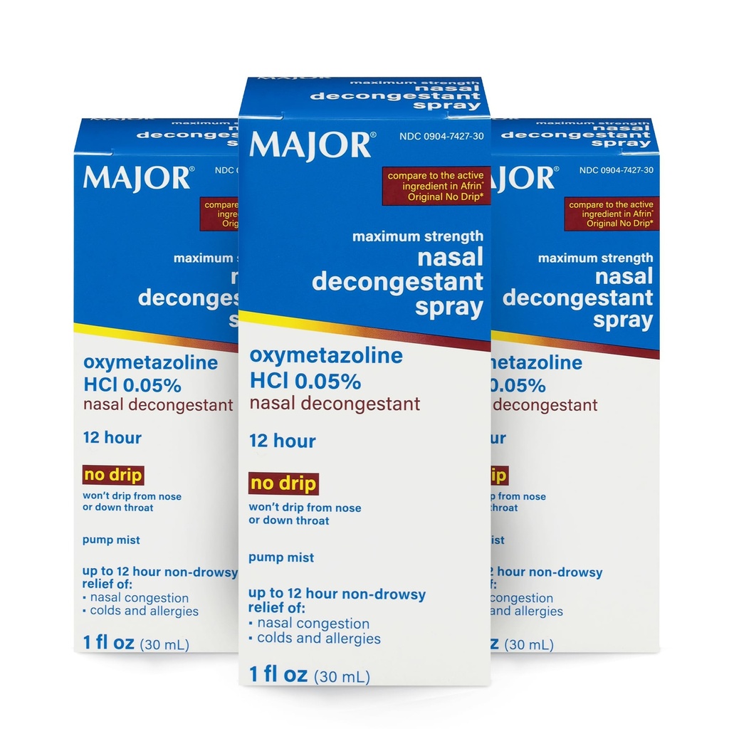 MAJOR Maks styrke Nasal Decongestant Spray, Oxymetazolin HCl 0,05% Pump Mist, Ikke-Drowsy Nasal Spray, opp til 12-timers relief fra Nasal Congestion, Colds og Allergies 1 Fl. Oz. (3-Pack)