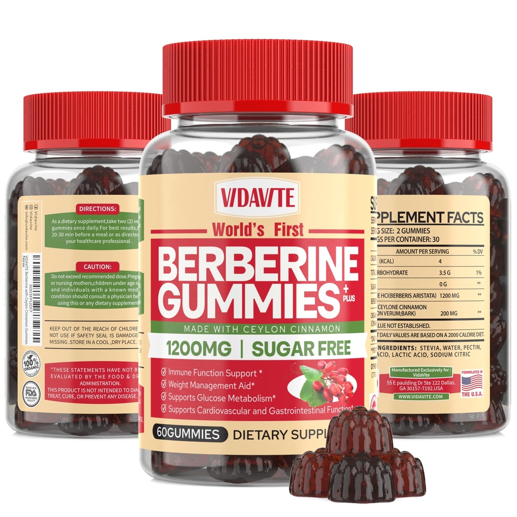 Berberin med ceylon kanel gummier — sukker-fri, 98% ren og 10x absorpsjon — 1200 mg HCL organisk berberin Supplement for vektkontroll, immunitet, Metabolsk og digestiv helse(30 dager)