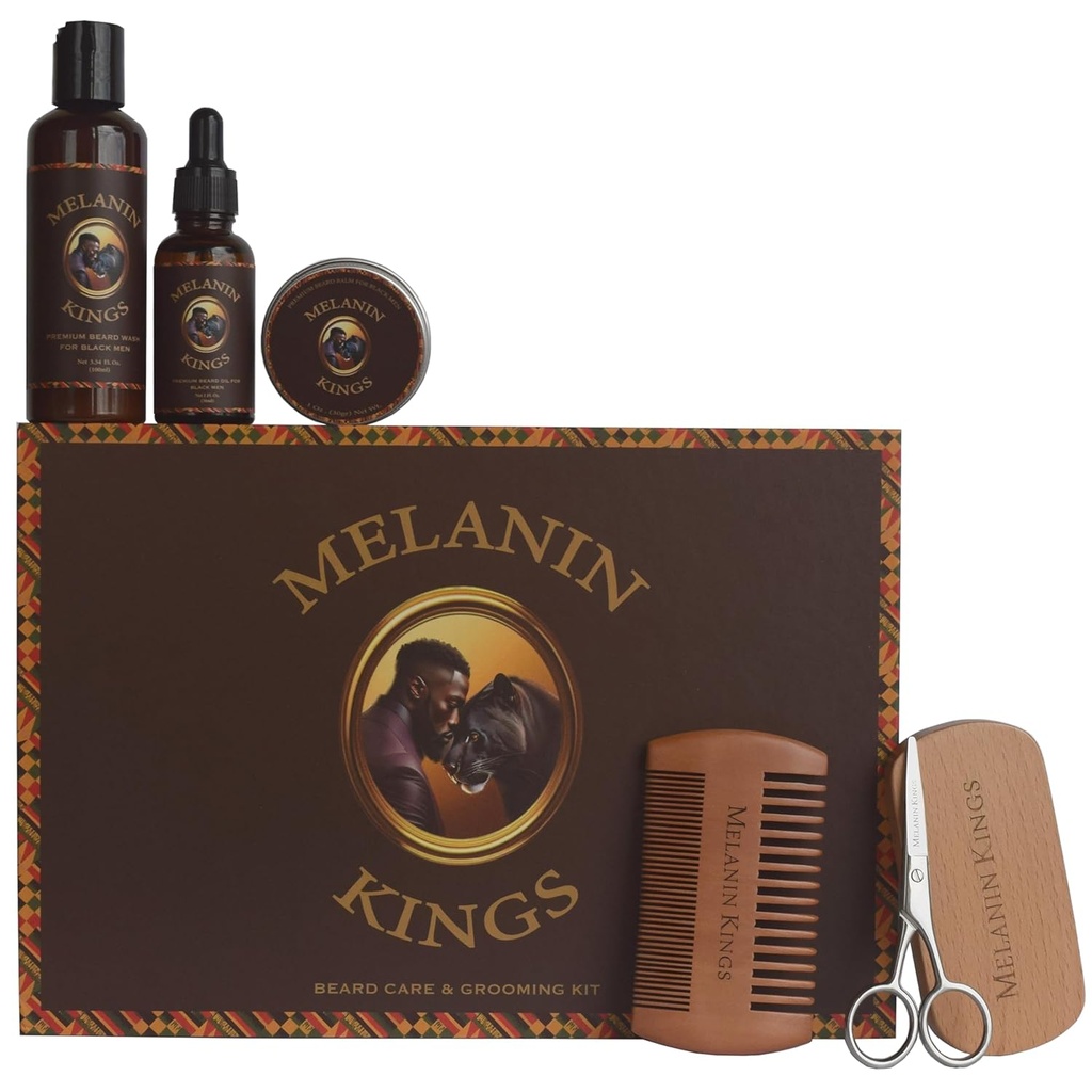 Melanin Kings Beard Grooming Kit for menn - Formler med gamle afrikanske naturlige ingredienser | Beard Vaske, olje, Balm, Børste, Comb, Trimming Scissors
