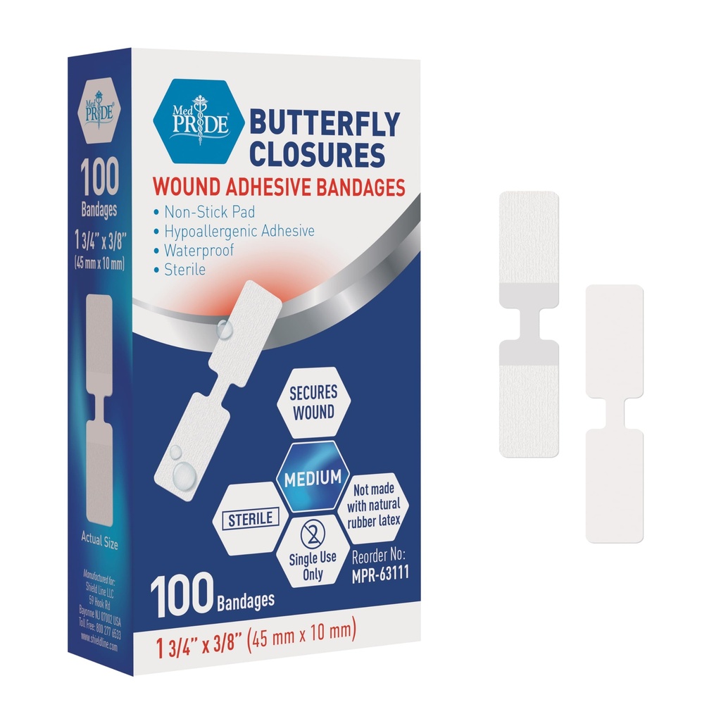 MED PRIDE Butterfly sår lukning strimler pakke med 100 sterile ikke-stikk Hypoallergenic Latex gratis bandasjer for kutt og skader (medium)
