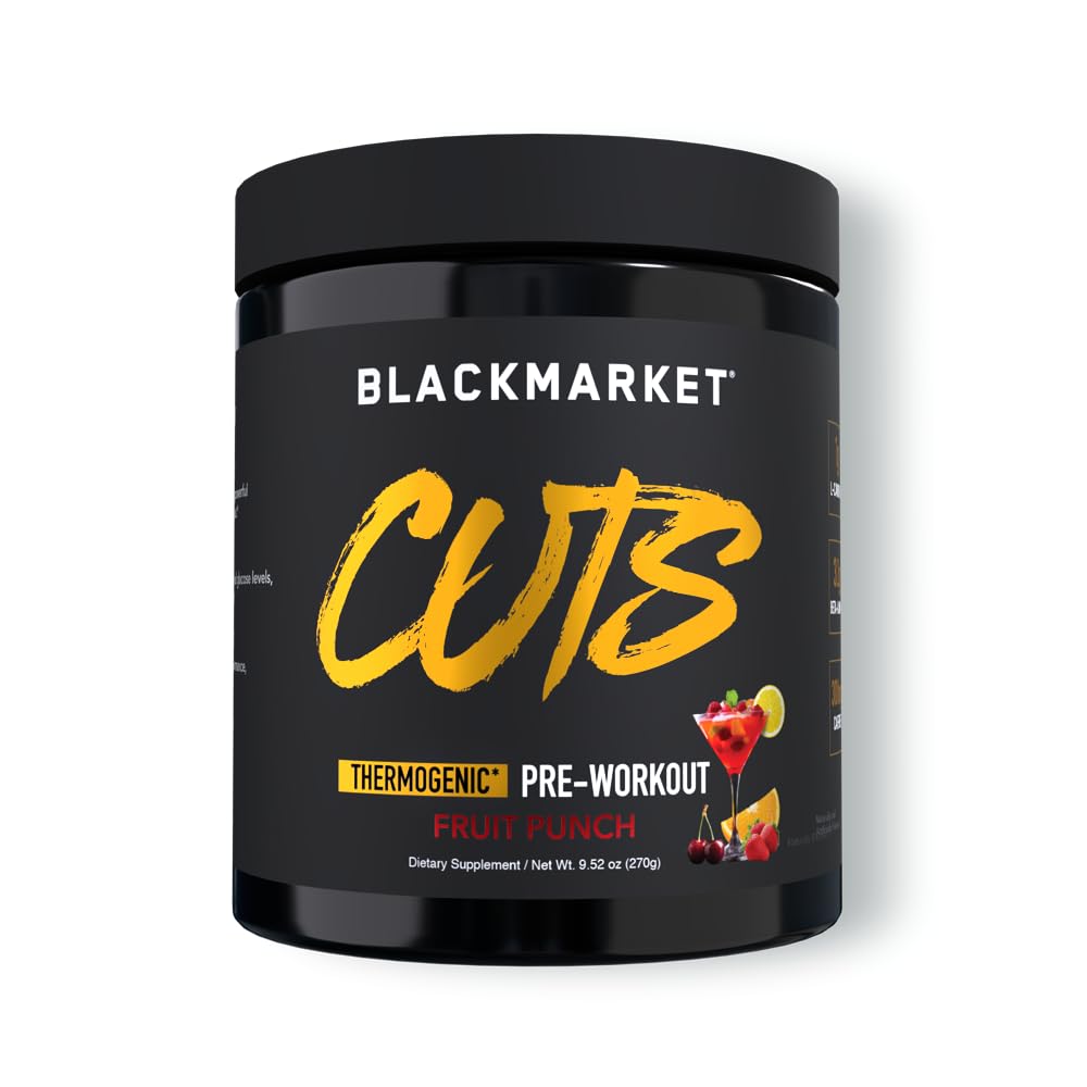 BLACKMARKET CUTS Pre Workout – termogen energi og fokus pulver for menn og kvinner, fettmetabolisme, muskel definisjon, kreatinfri, 30 serveringer (Fruit Punch)