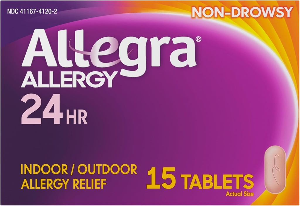 Allegra Voksen 24HR Ikke-Drowsy Antihistamine, 15 tabletter, hurtigvirkende Allergi Symptom Relief, 180 mg