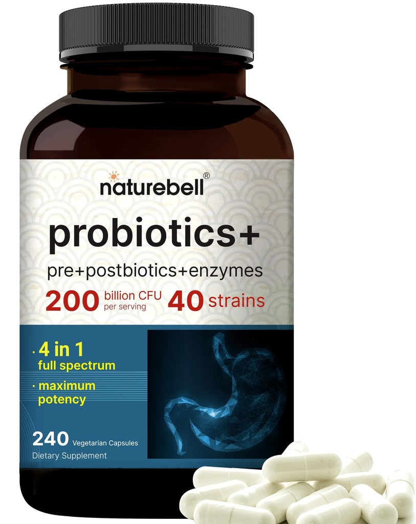 Probiotiske 200 milliarder CFU – 40 strender Per servering | 240 Veggie kapsler med prebiotika og probiotika for digestiv helse – Gut Helse & Bloating Support | Daglig probiotika for kvinner og menn