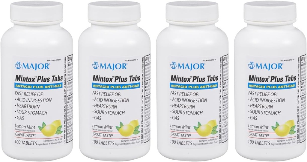 MAJOR Mintox Plus-faner - Antacid Plus Anti-Gas-tabletter - Hjelper raskt lindre syreindigasjon, Heartburn, Sour Mage og Gas - Lemon Mint Flavored - 100 greve (4 pakke)