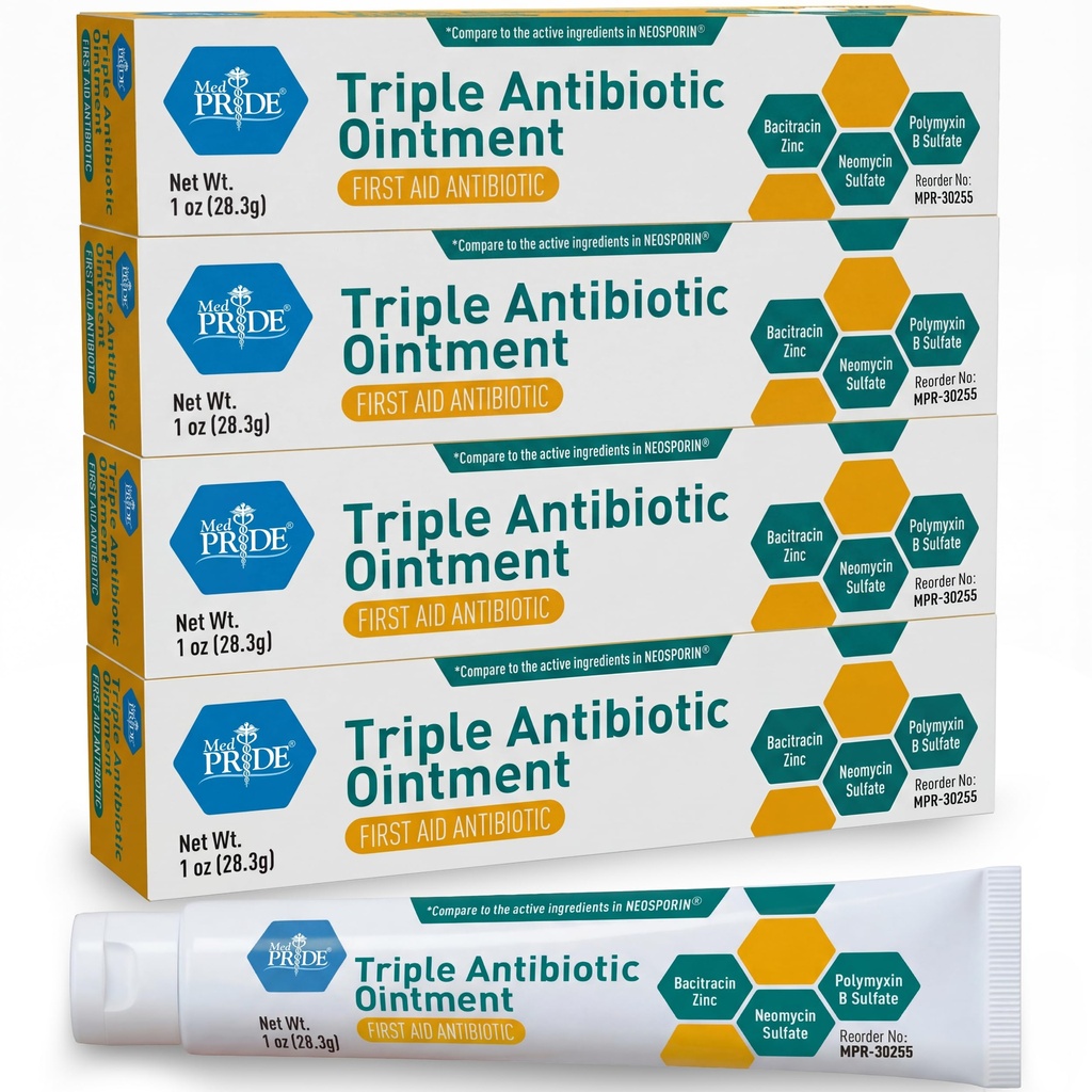 Med Pride Triple Antibiotic Pride Ointment Tube 1 Oz 4-Pack, Førstehjelp for mindre sår, Scratches, Abrasions, med sink, Neomycin, Polymyxin