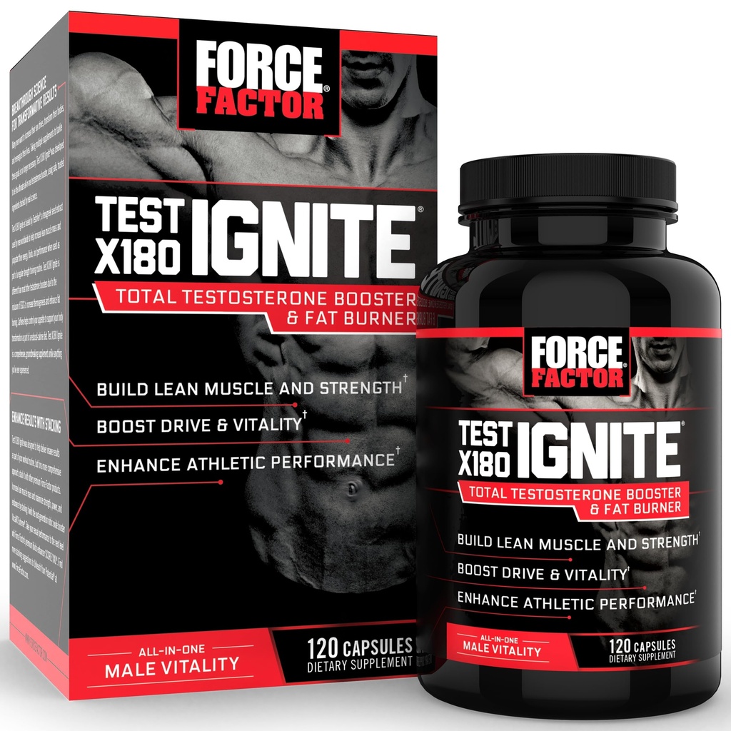 Force Factor Test X180 Ignite Total Testosteron Booster for menn med Fenugreek frø og grønn te ekstrakt for å bygge lean muskel, øke energi og forbedre ytelse, 120 greve