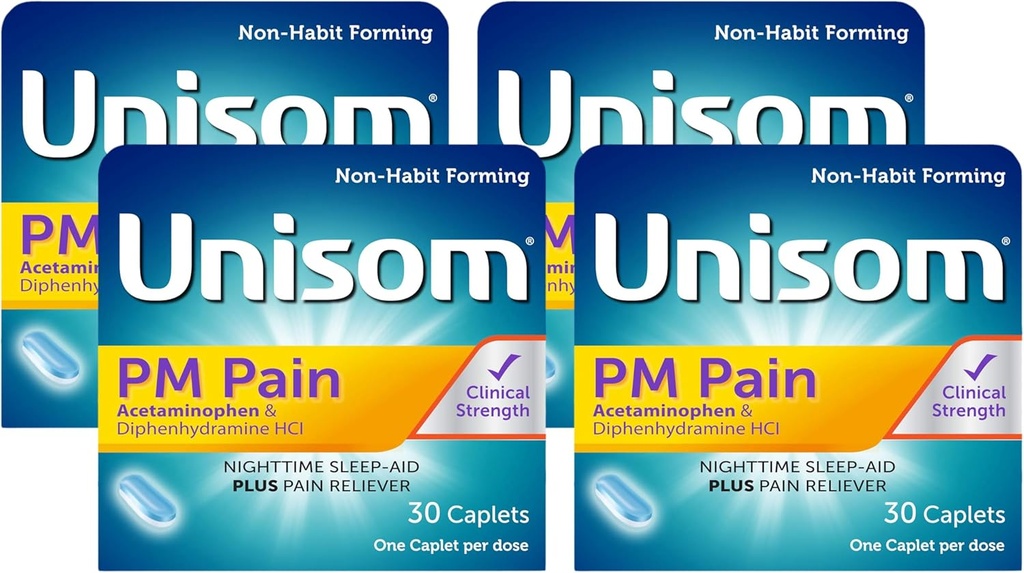 Unisom PM smerte nattetid søvnhjelp + smertefriere, Acetaminophen & Diphenhydramine HCI, 30 kapler, 50 mg (pakke med 4)