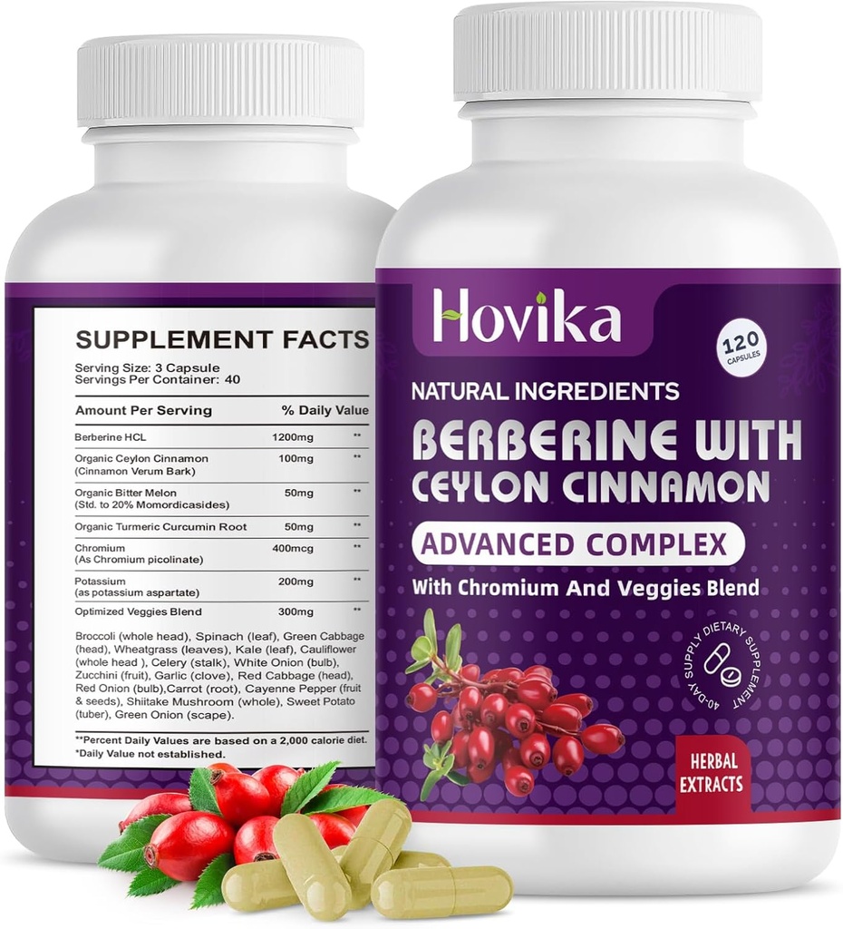 Berberine HCL Capsules 1200 mg - Berberine Supplement med ceylon kanel, kromium, grønnsaker blanding - støtter metabolisme og immunsystem, gut helse - 120 ct lett å svelge vegan piller