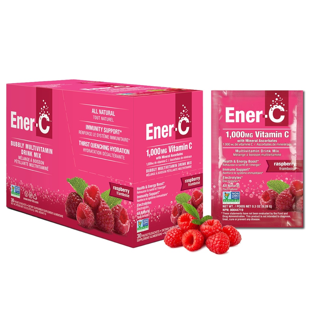Ener-C Raspberry Multivitamin Drikke Blande pulver C 1000mg & Elektrolytter med ekte fruktjuice Naturlig energi og immun støtte for kvinner og menn - ikke-GMO Vegan & Glutenfri - 30 Teller